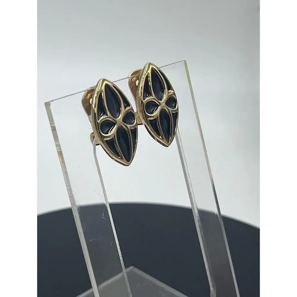 Authenticated Givenchy NY Vintage Black Enamel signed Gold‎ Tone Clip Earrings - Picture 2 of 16